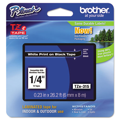 Brother P-Touch Tze Standard Adhesive Laminated Labeling Tape 0.23"x26.2 Ft White On Black