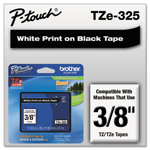 Brother P-Touch Tze Standard Adhesive Laminated Labeling Tape 0.35"x26.2 Ft White On Black