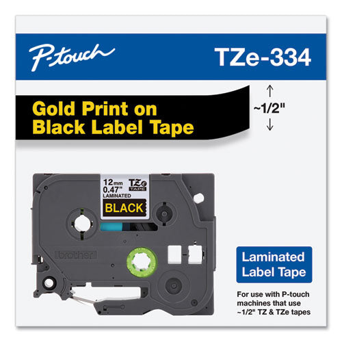 Brother P-Touch Tze Standard Adhesive Laminated Labeling Tape 0.47"x26.2 Ft Gold On Black