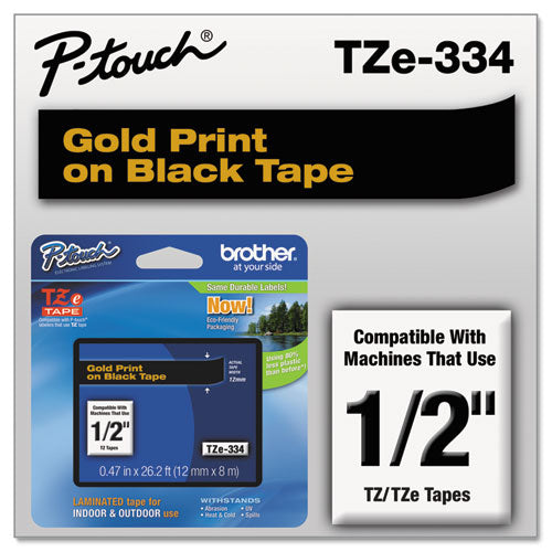 Brother P-Touch Tze Standard Adhesive Laminated Labeling Tape 0.47"x26.2 Ft Gold On Black