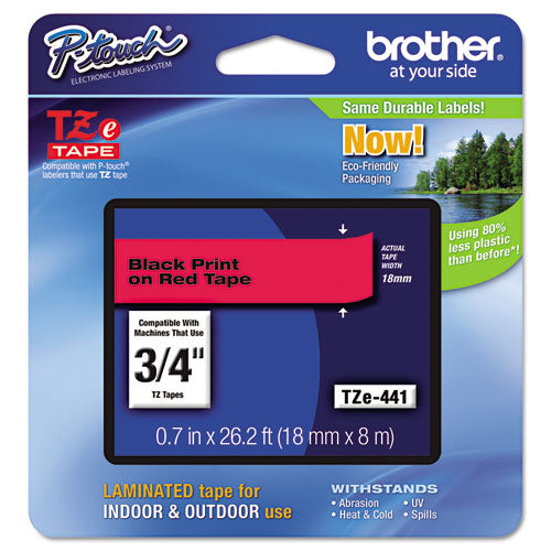 Brother P-Touch Tze Standard Adhesive Laminated Labeling Tape 0.7"x26.2 Ft Black On Red