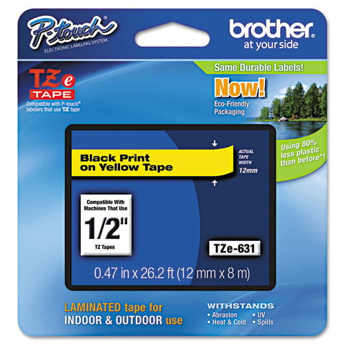 Brother P-Touch Tze Standard Adhesive Laminated Labeling Tape 0.47"x26.2 Ft Black On Yellow