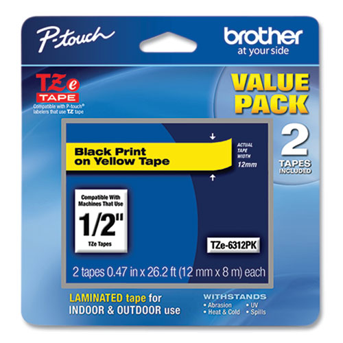 Brother P-Touch Tze Standard Adhesive Laminated Labeling Tape 0.47"x26.2 Ft Black On Yellow 2/pack