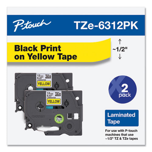 Brother P-Touch Tze Standard Adhesive Laminated Labeling Tape 0.47"x26.2 Ft Black On Yellow 2/pack