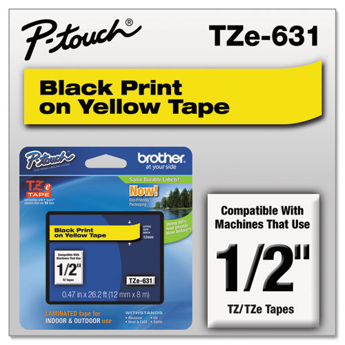 Brother P-Touch Tze Standard Adhesive Laminated Labeling Tape 0.47"x26.2 Ft Black On Yellow