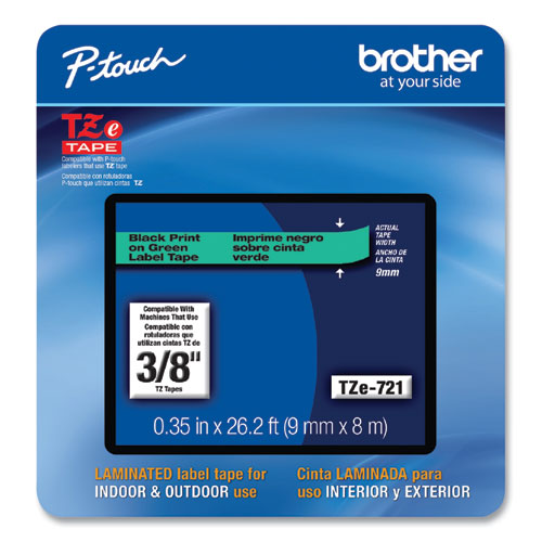 Brother P-Touch Tze Laminated Removable Label Tapes 0.35"x26.2 Ft Black On Green