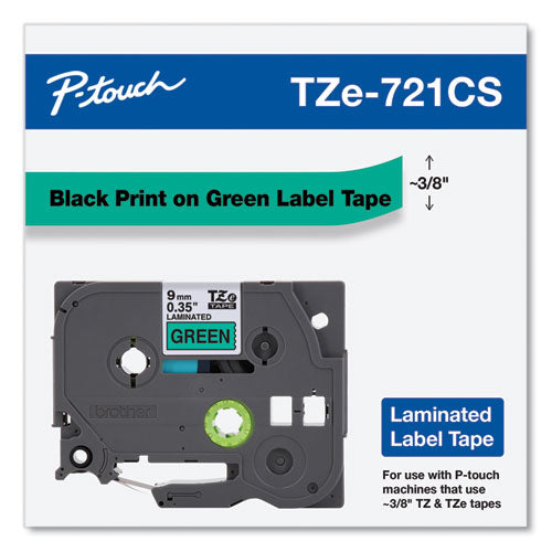 Brother P-Touch Tze Laminated Removable Label Tapes 0.35"x26.2 Ft Black On Green