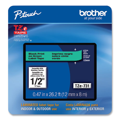 Brother P-Touch Tze Laminated Removable Label Tapes 0.47"x26.2 Ft Black On Green