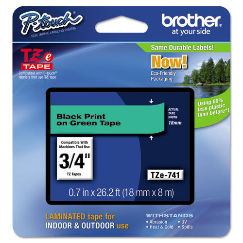 Brother P-Touch Tze Standard Adhesive Laminated Labeling Tape 0.7"x26.2 Ft Black On Green