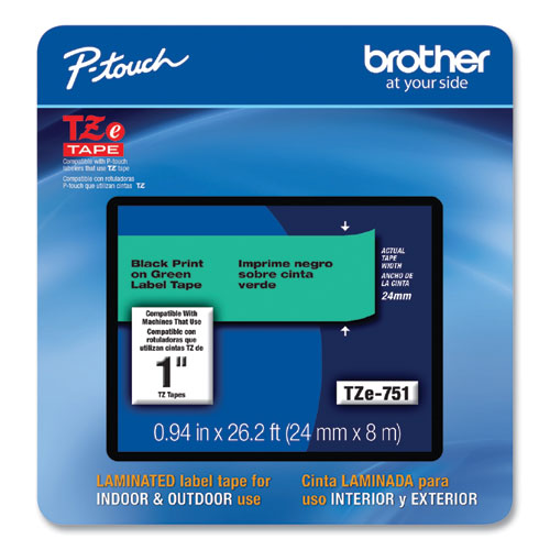 Brother P-Touch Tze Laminated Removable Label Tapes 0.94"x26.2 Ft Black On Green