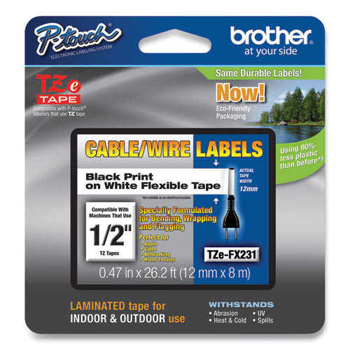 Brother P-Touch Flexible Id Tape 0.47"x26.2 Ft Black On White