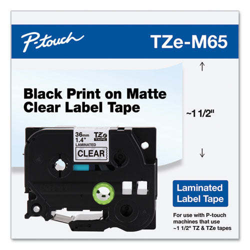 Brother P-Touch Tze Standard Adhesive Laminated Labeling Tape 1.4"x26.2 Ft White On Matte Clear