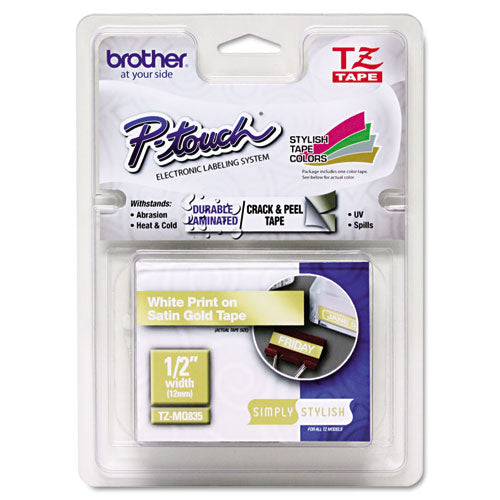 Brother P-Touch Tz Standard Adhesive Laminated Labeling Tape 0.47"x16.4 Ft White/satin Gold