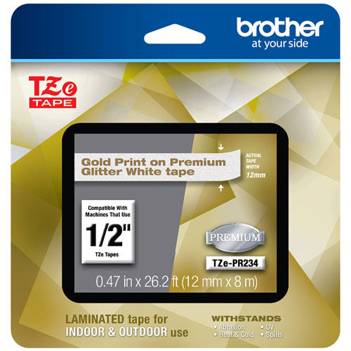 Brother Tze Premium Laminated Tape 0.94"x26.2 Ft Gold On White