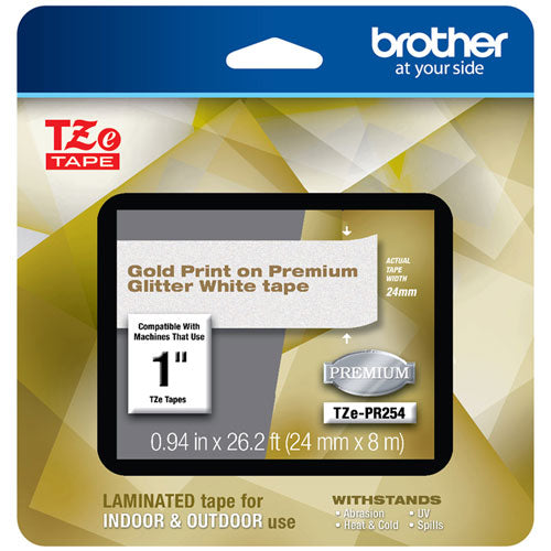 Brother Tze Premium Laminated Tape 0.94"x26.2 Ft Gold On White