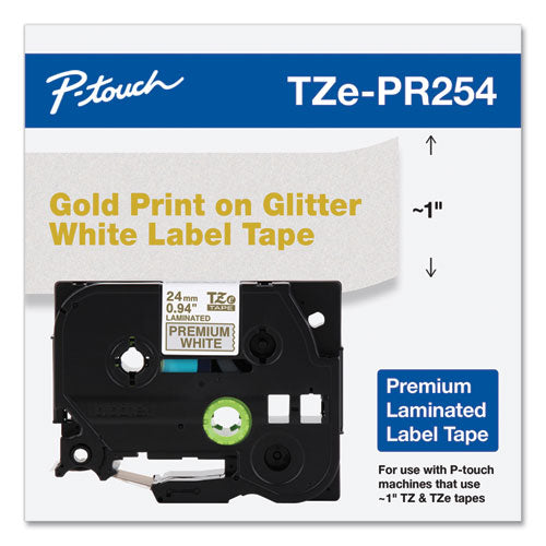 Brother Tze Premium Laminated Tape 0.94"x26.2 Ft Gold On White