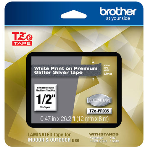 Brother Tze Premium Laminated Tape 0.47"x26.2 Ft White On Silver