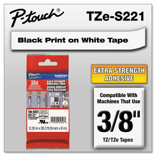 Brother P-Touch Tze Extra-strength Adhesive Laminated Labeling Tape 0.35"x26.2 Ft Black On White