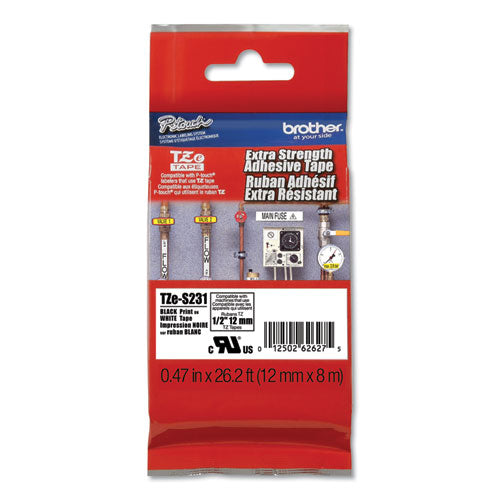 Brother P-Touch Tze Extra-strength Adhesive Laminated Labeling Tape 0.47"x26.2 Ft Black On White