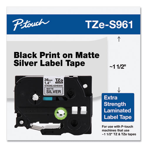 Brother P-Touch Tz Extra-strength Adhesive Laminated Labeling Tape 1.4"x26.2 Ft Black On Matte Silver