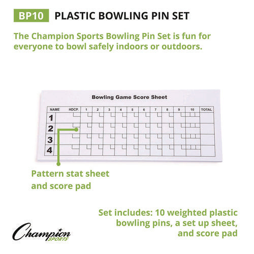 Champion Sports Plastic Bowling Pin Set White 10/set