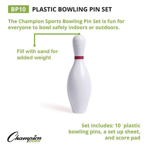 Champion Sports Plastic Bowling Pin Set White 10/set