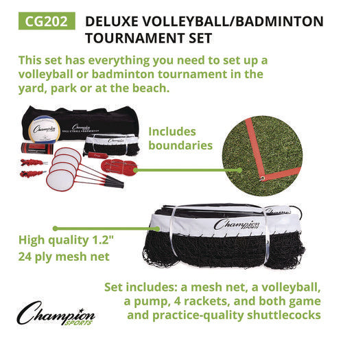 Champion Sports Deluxe Volleyball/badminton Tournament Set (4) Rackets/(2) Shuttlecocks/(2) Birdies/net/pump/volleyball