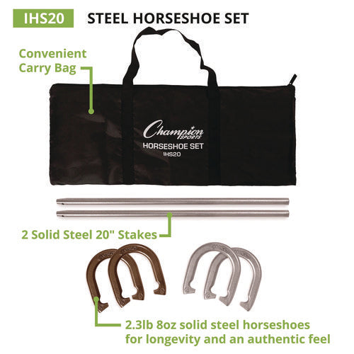 Champion Sports Steel Horseshoe Set (4) Horseshoes/(2) 20" Stakes/nylon Carry Bag