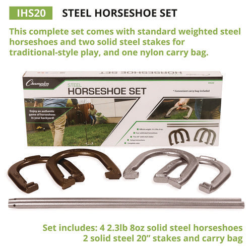 Champion Sports Steel Horseshoe Set (4) Horseshoes/(2) 20" Stakes/nylon Carry Bag