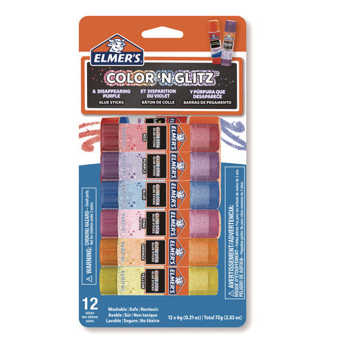 Elmer's Glitter Glue Sticks Applies Assorted Colors 0.21 Oz Dries Clear Glitter 12/pack
