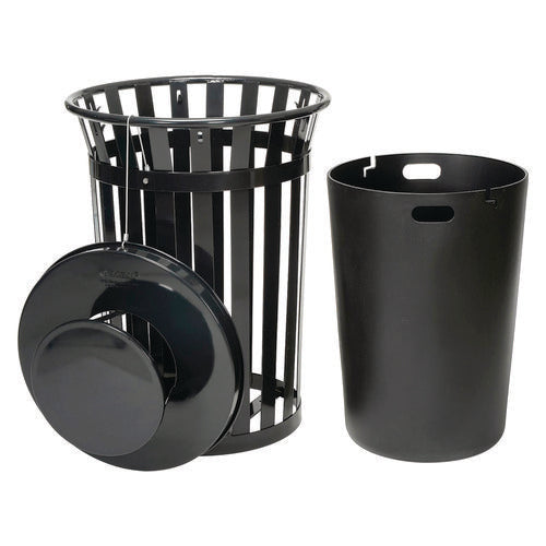 Global Industrial Outdoor Slatted Steel Trash Can Rain Bonnet Lid 36 Gal Black