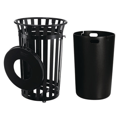 Global Industrial Outdoor Slatted Steel Trash Can With Access Door 36 Gal Steel Black