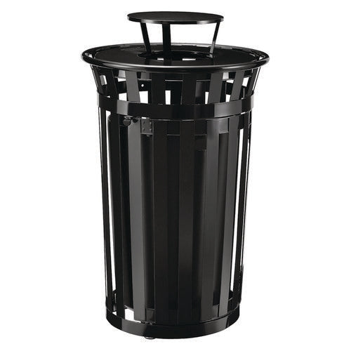Global Industrial Outdoor Slatted Steel Trash Can With Access Door And Rain Bonnet Lid 36 Gal Black