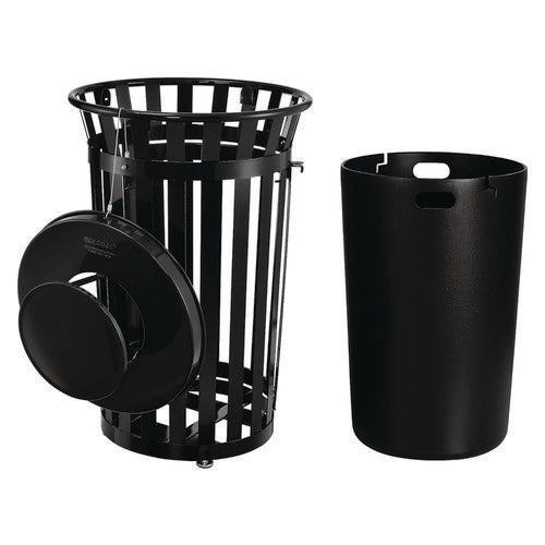 Global Industrial Outdoor Slatted Steel Trash Can With Access Door And Rain Bonnet Lid 36 Gal Black