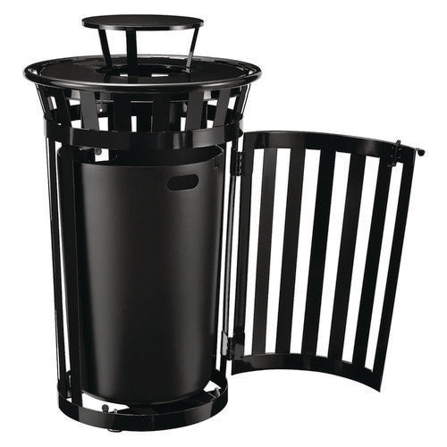 Global Industrial Outdoor Slatted Steel Trash Can With Access Door And Rain Bonnet Lid 36 Gal Black