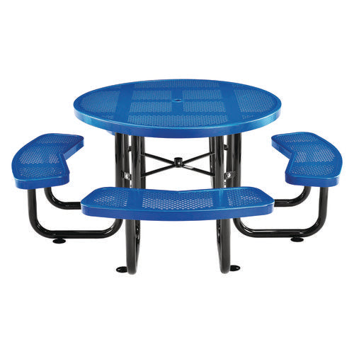 Global Industrial Perforated Steel Picnic Table Round 46" Diax29.5"h Blue Top Blue Base/legs