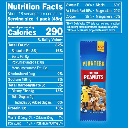 Planters Salted Peanuts 1.75 Oz Pack 18 Packets/box 2 Boxes/Case