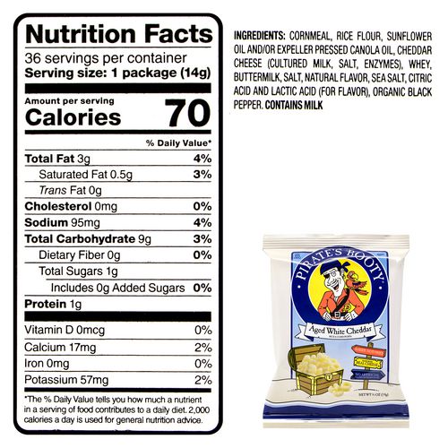 Pirate's Booty Natural Aged White Cheddar Baked Corn Puffs 0.5 Oz Bag 36/box 2 Boxes/Case