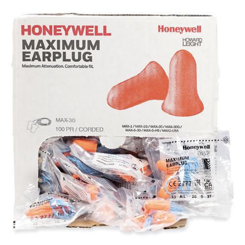 Howard Leight By Honeywell Maximum Single-use Earplugs Corded 33nrr Coral 100 Pairs