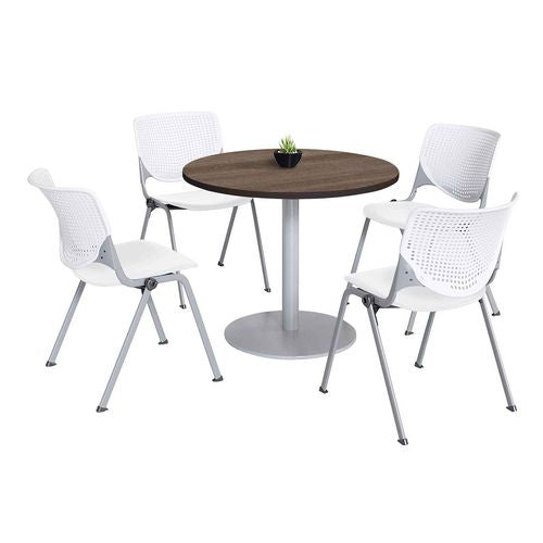 KFI Studios Pedestal Table With Four White Kool Series Chairs Round 36" Diax29h Studio Teak