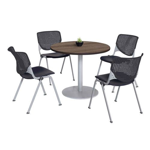 KFI Studios Pedestal Table With Four Black Kool Series Chairs Round 36" Diax29h Studio Teak