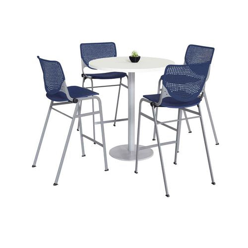 KFI Studios Pedestal Bistro Table With Four Navy Kool Series Barstools Round 36" Diax41h Designer White