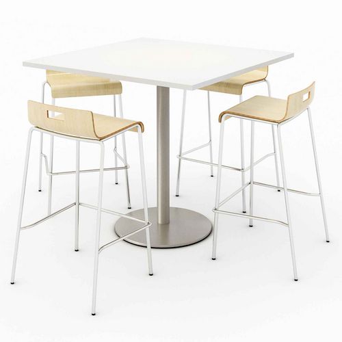 KFI Studios Pedestal Bistro Table With 4 Natural Jive Series Barstools Square 36x36x41 Designer White