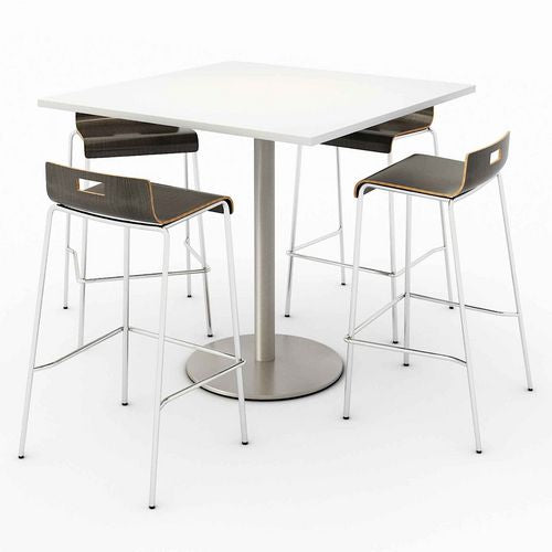 KFI Studios Pedestal Bistro Table With Four Espresso Jive Series Barstools Square 36x36x41 Designer White