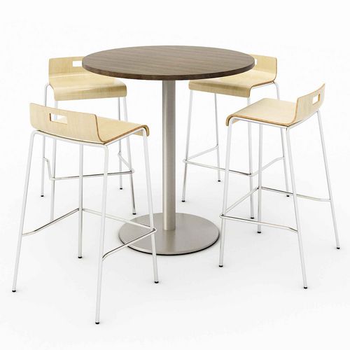 KFI Studios Pedestal Bistro Table With Four Natural Jive Series Barstools Round 36" Diax41h Studio Teak