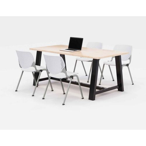 KFI Studios Midtown Dining Table With Four White Kool Series Chairs 36x72x30 Kensington Maple