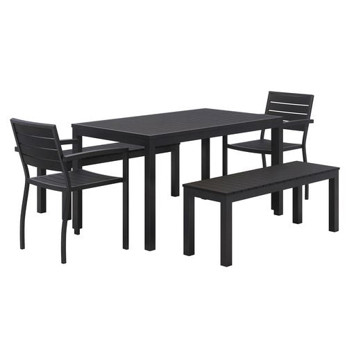 KFI Studios Eveleen Outdoor Patio Table W/ Two Black Powder-coated Polymer Chairs And Two Benches 32x55 Gray Ships In 4-6 Bus Days