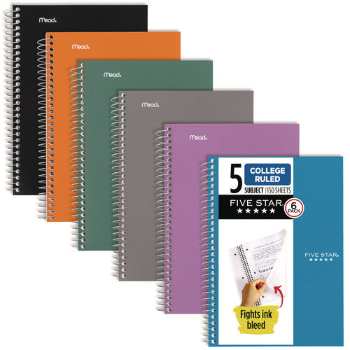 Five Star Wirebound Notebook 5-subject Medium/college Rule Assorted Cover Color (150) 9.5x6.63 Sheets 6/pack