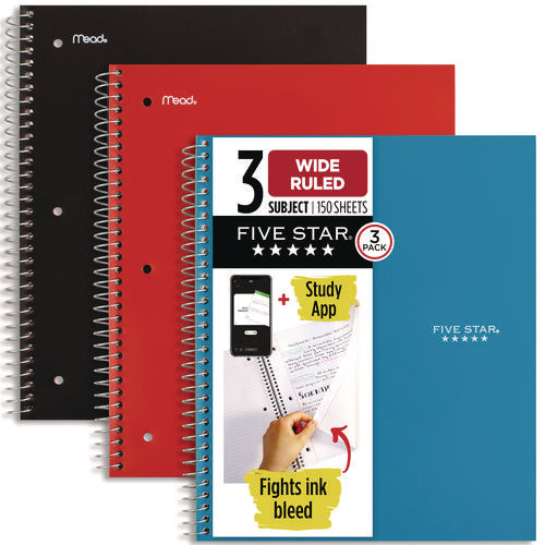 Five Star Wirebound Notebook 3-subject Wide/legal Rule Assorted Cover Color (150) 10.5x8.63 Sheets 3/pack