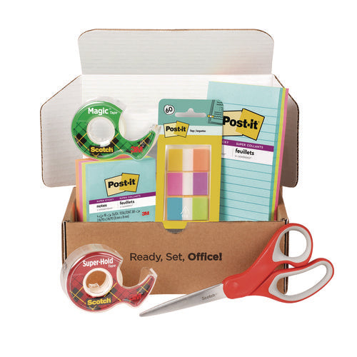 Scotch Office Essentials Kit 7 Pads Assorted Super Sticky Notes 1 Pack Flags Roll Magic Tape Roll Super-hold Tape 1 Scissors